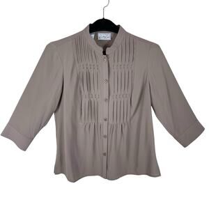 Kathy Che Vintage Tan 3/4 Sleeve Crew Neck Pleated Lightweight Button Up Size S4